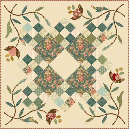A square quilt block design or fabric print featuring a central diamond-shaped patchwork motif with floral and checkered sections in teal, sage green, blush pink, and cream, surrounded by decorative leafy vines and small birds on a warm cream background.