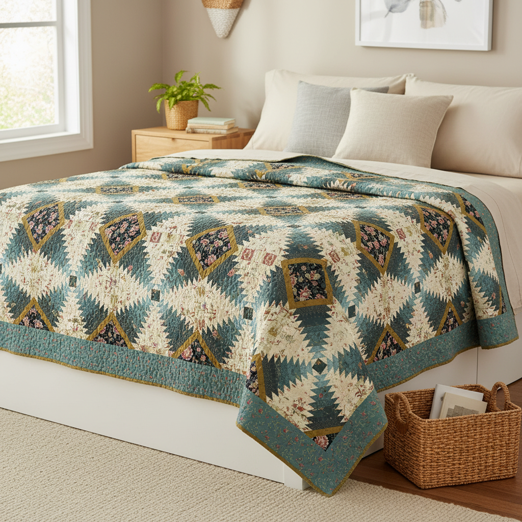 A quilted bedspread with a geometric diamond pattern in teal, cream, and olive tones, styled on a bed in a bright, modern bedroom.