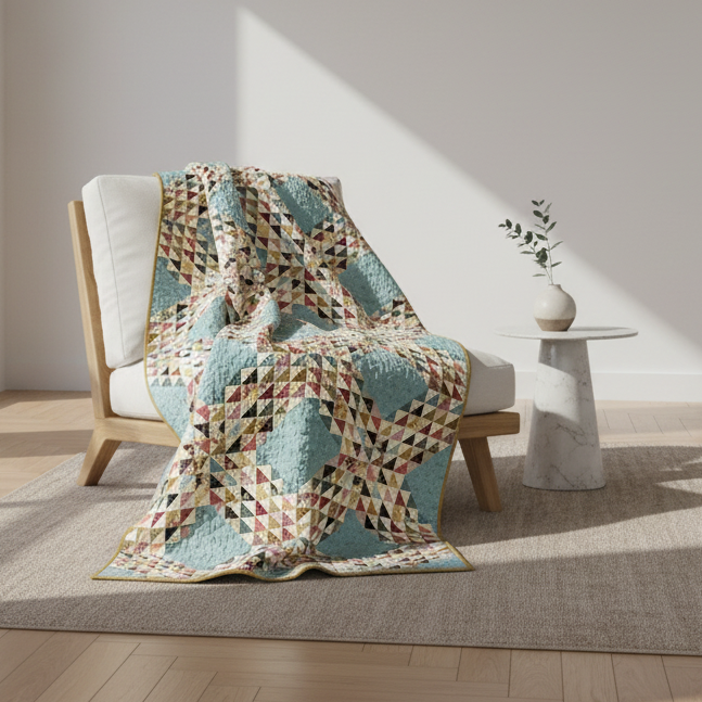 A geometric patterned throw blanket in shades of teal, beige, and brown is draped over a light wood armchair in a bright, modern room with a marble side table and warm sunlight.
