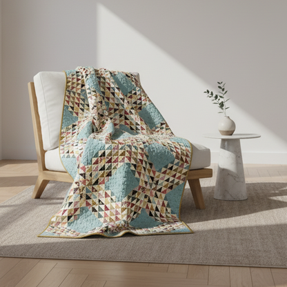 A geometric patterned throw blanket in shades of teal, beige, and brown is draped over a light wood armchair in a bright, modern room with a marble side table and warm sunlight.