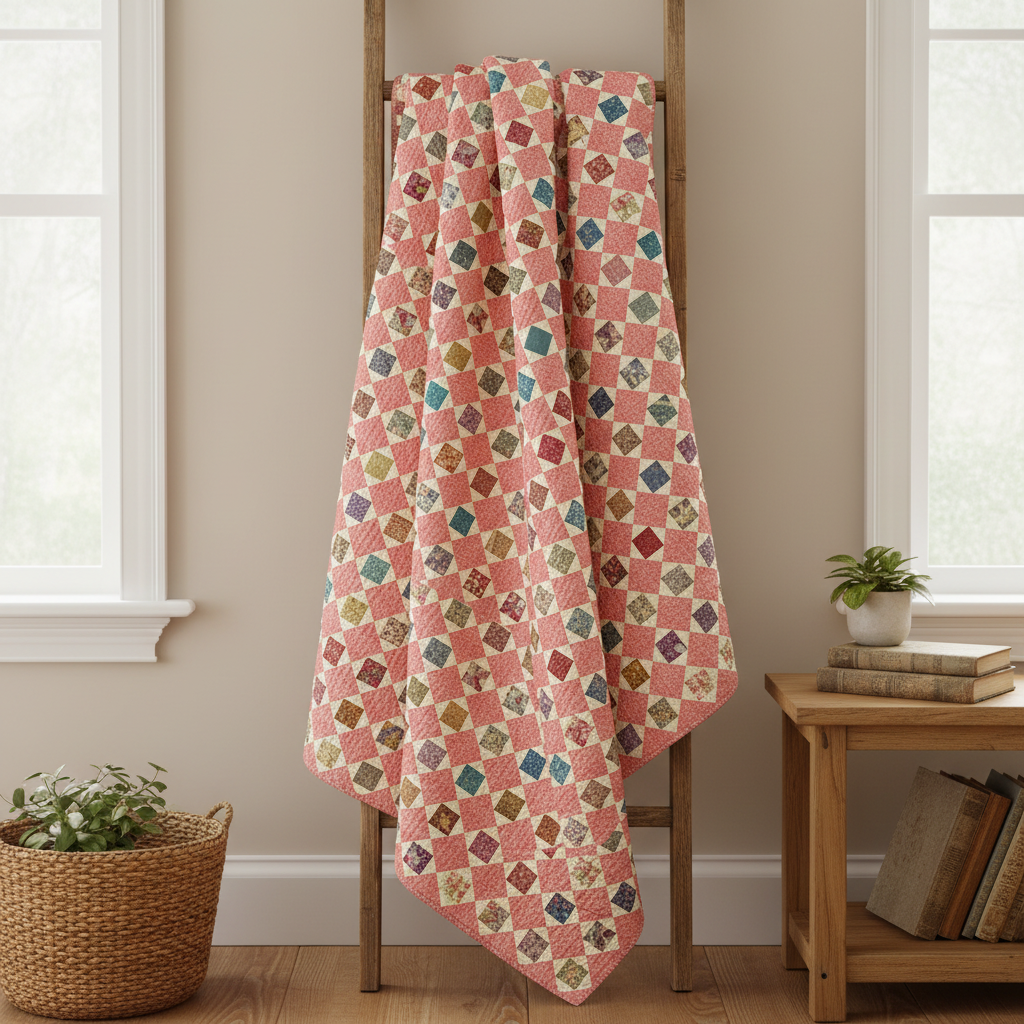 A quilted blanket with a pink floral patchwork pattern and multicolored diamond accents is draped over a wooden ladder in a cozy, sunlit room with windows, a side table, and a potted plant.
