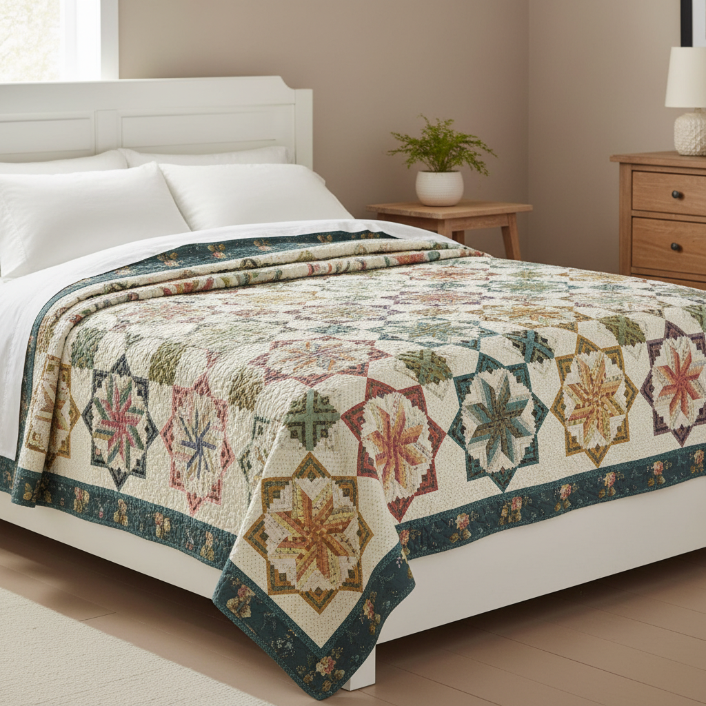 A quilted patchwork quilt with a cream base and multicolor geometric star motifs, draped over a white bed in a styled bedroom setting.
