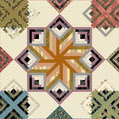 A quilted fabric pattern featuring a central geometric starburst design with concentric diamond blocks in muted pink, purple, black, beige, and orange, surrounded by coordinating corner patterns on a cream background.