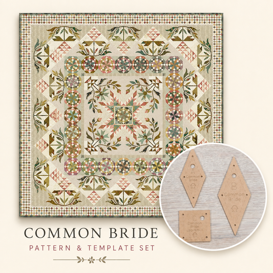 Common Bride pattern and template set featuring a detailed quilt design with botanical and geometric motifs in muted earth tones, alongside two wooden diamond-shaped templates shown in a circular inset.