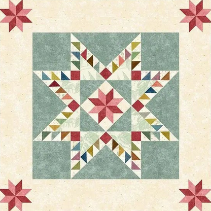 A quilt block design featuring a central eight-pointed star pattern with a pink starburst at the center, surrounded by geometric triangles in muted green, cream, red, blue, and gold, set on a textured beige background with matching star motifs in the corners.