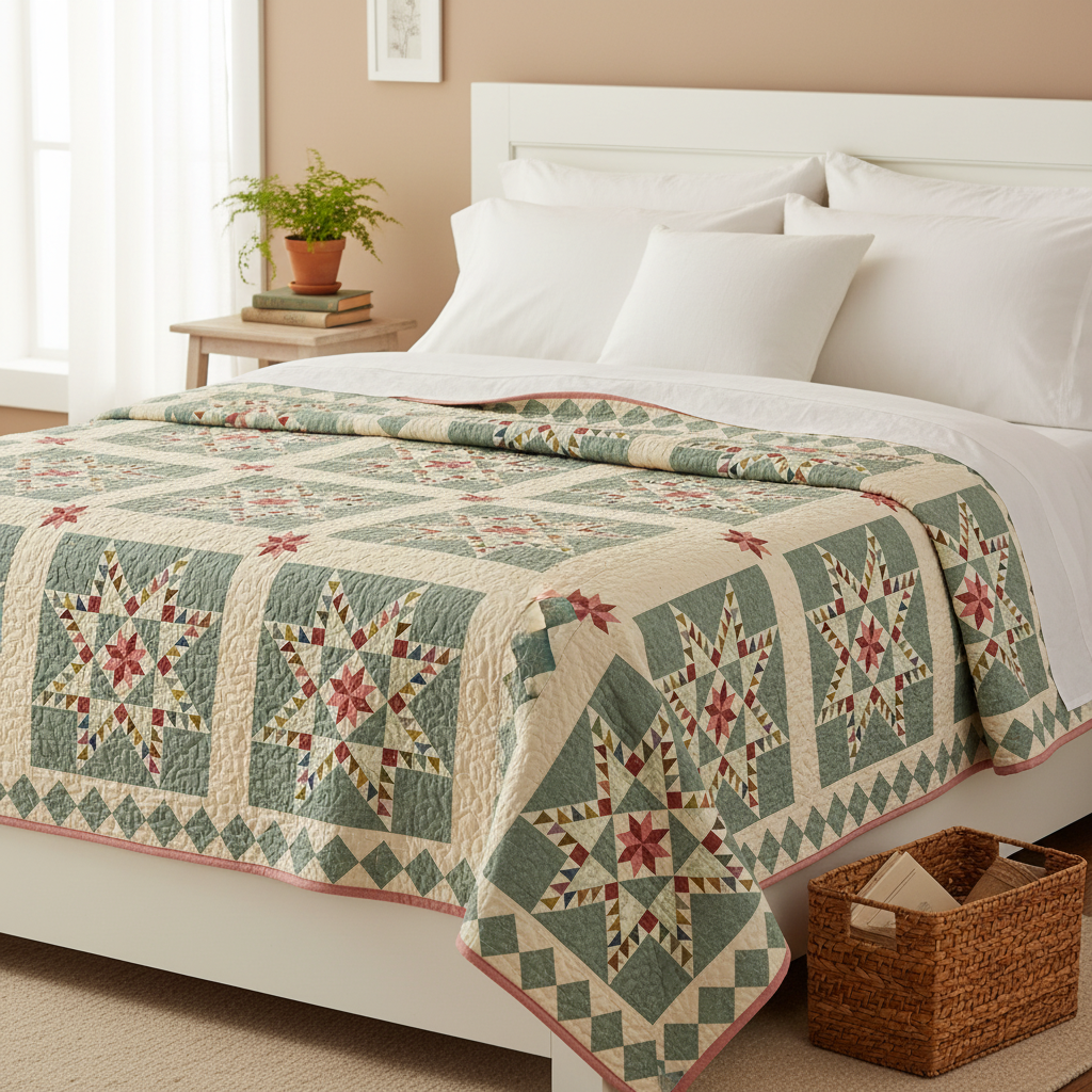 A quilted bedspread with a traditional star and diamond pattern in sage green, cream, and red, styled on a white bed in a warm, neutral-toned bedroom.