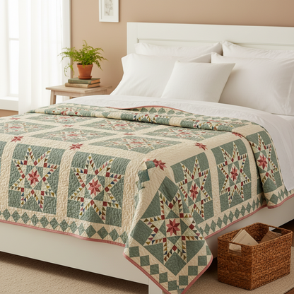 A quilted bedspread with a traditional star and diamond pattern in sage green, cream, and red, styled on a white bed in a warm, neutral-toned bedroom.