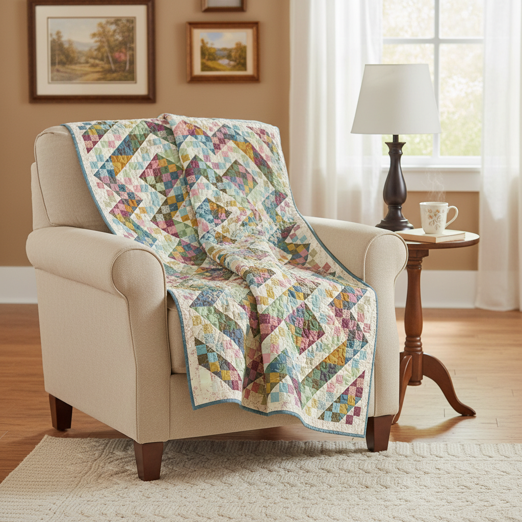 A multicolor patchwork quilt with a blue border draped over a beige armchair in a cozy living room setting.
