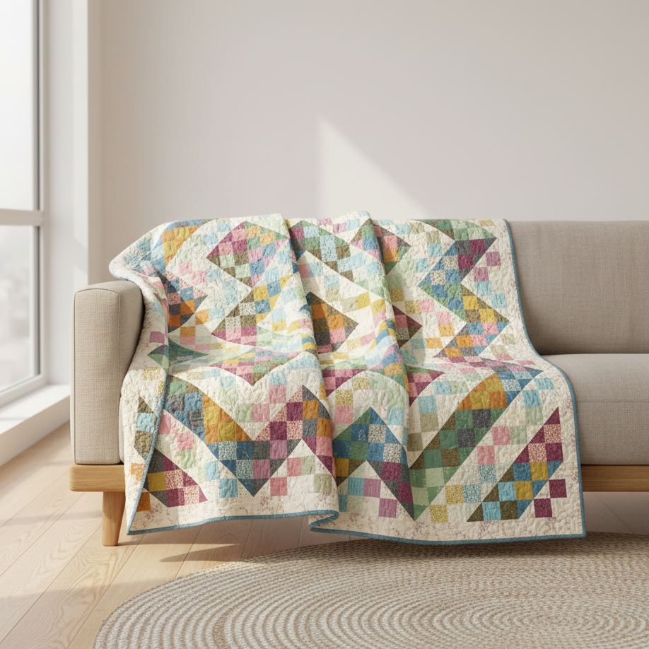 A multicolor patchwork quilted throw blanket draped over a light beige fabric sofa in a bright, modern living room setting.