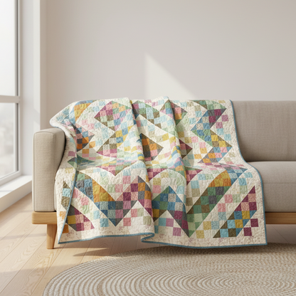 A multicolor patchwork quilted throw blanket draped over a light beige fabric sofa in a bright, modern living room setting.