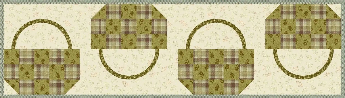 A repeating pattern of four quilted basket motifs in olive green, brown, and beige plaid, arranged on a cream floral background with a decorative border.