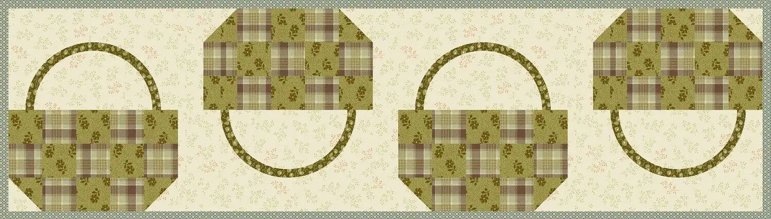 A repeating pattern of four quilted basket motifs in olive green, brown, and beige plaid, arranged on a cream floral background with a decorative border.