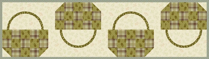 A repeating pattern of four quilted basket motifs in olive green, brown, and beige plaid, arranged on a cream floral background with a decorative border.