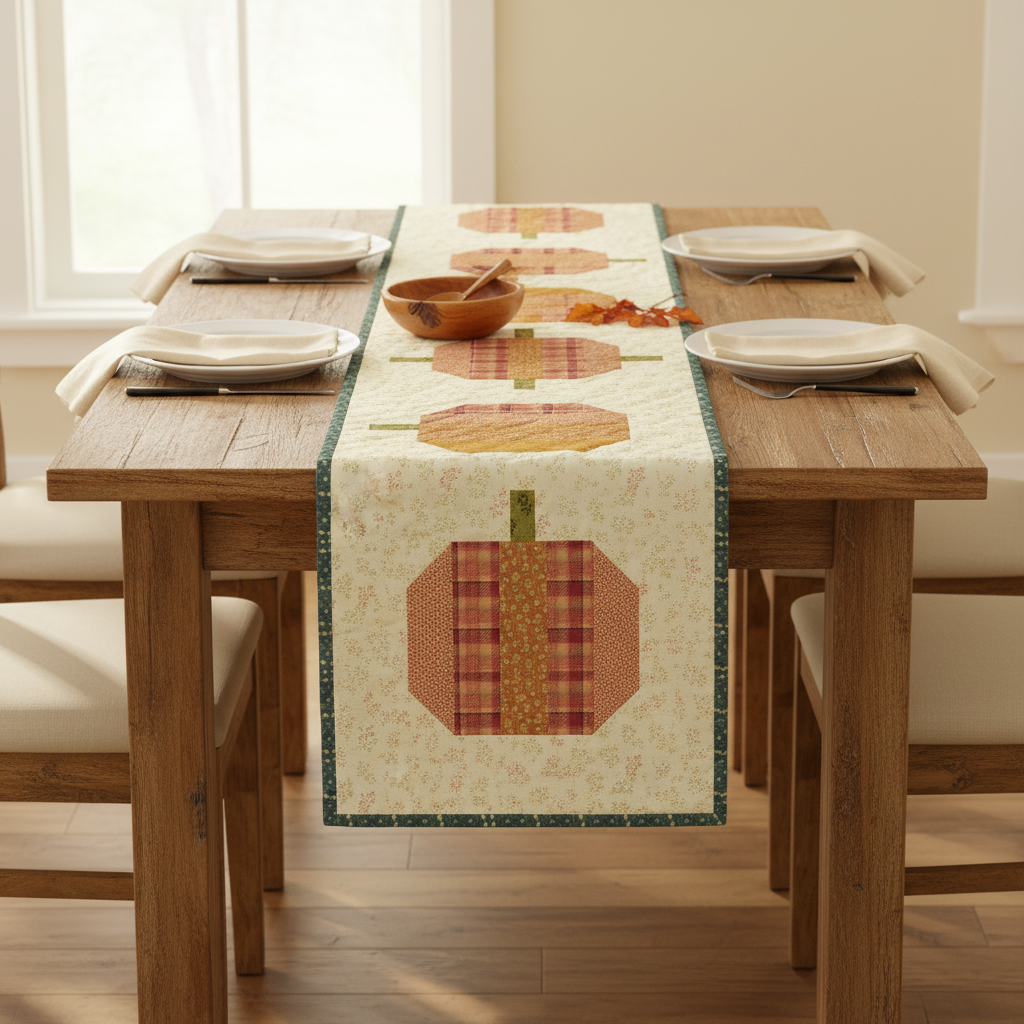 A quilted table runner with autumn pumpkin motifs in red, orange, and beige, styled on a wooden dining table set for four in a bright, neutral-toned dining room.