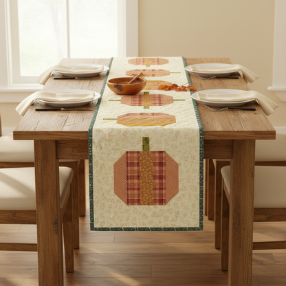 A quilted table runner with autumn pumpkin motifs in red, orange, and beige, styled on a wooden dining table set for four in a bright, neutral-toned dining room.