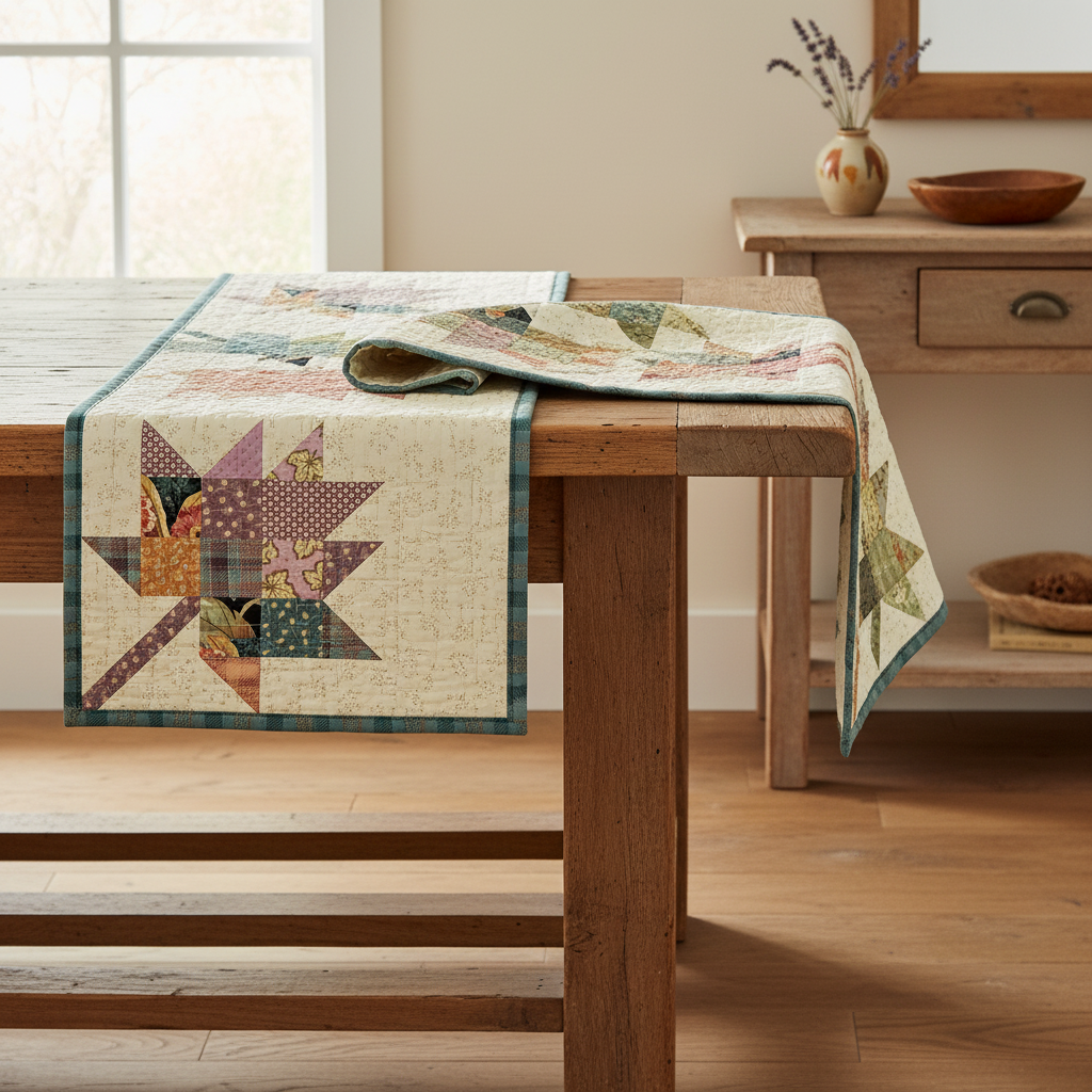 A quilted table runner with a rustic patchwork design and a teal plaid border is draped over a wooden dining table in a warm, sunlit room.