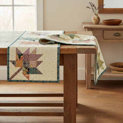 A quilted table runner with a rustic patchwork design and a teal plaid border is draped over a wooden dining table in a warm, sunlit room.