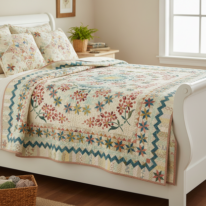 A floral quilted bedspread with matching pillow shams is styled on a white wooden bed in a bright, neutral bedroom setting.