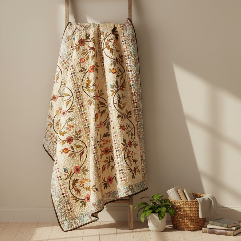 Aquilt with a floral vine pattern in earthy tones, draped over a wooden ladder in a sunlit room with a small plant and basket nearby.