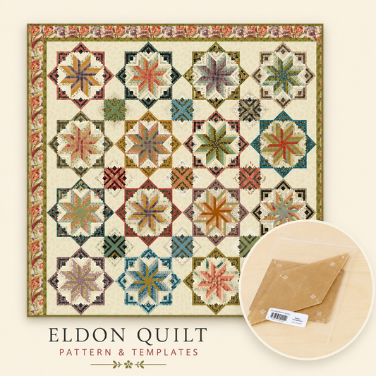 Eldon Quilt pattern and templates shown as a completed quilt design with a circular inset showing kraft paper envelopes containing the pattern materials, on a light beige background.
