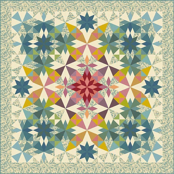 Colorful geometric quilt with star patterns on a textured background