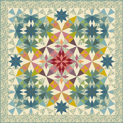 Colorful geometric quilt with star patterns on a textured background