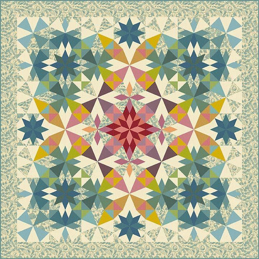 Colorful geometric quilt with star patterns on a textured background