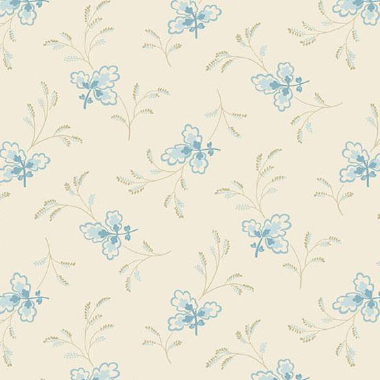 A repeating floral pattern with light blue flowers and delicate pale green stems on a warm cream background.