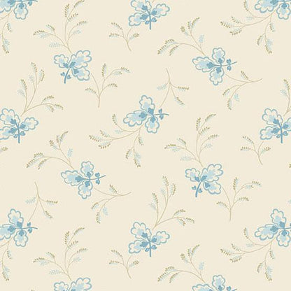 A repeating floral pattern with light blue flowers and delicate pale green stems on a warm cream background.