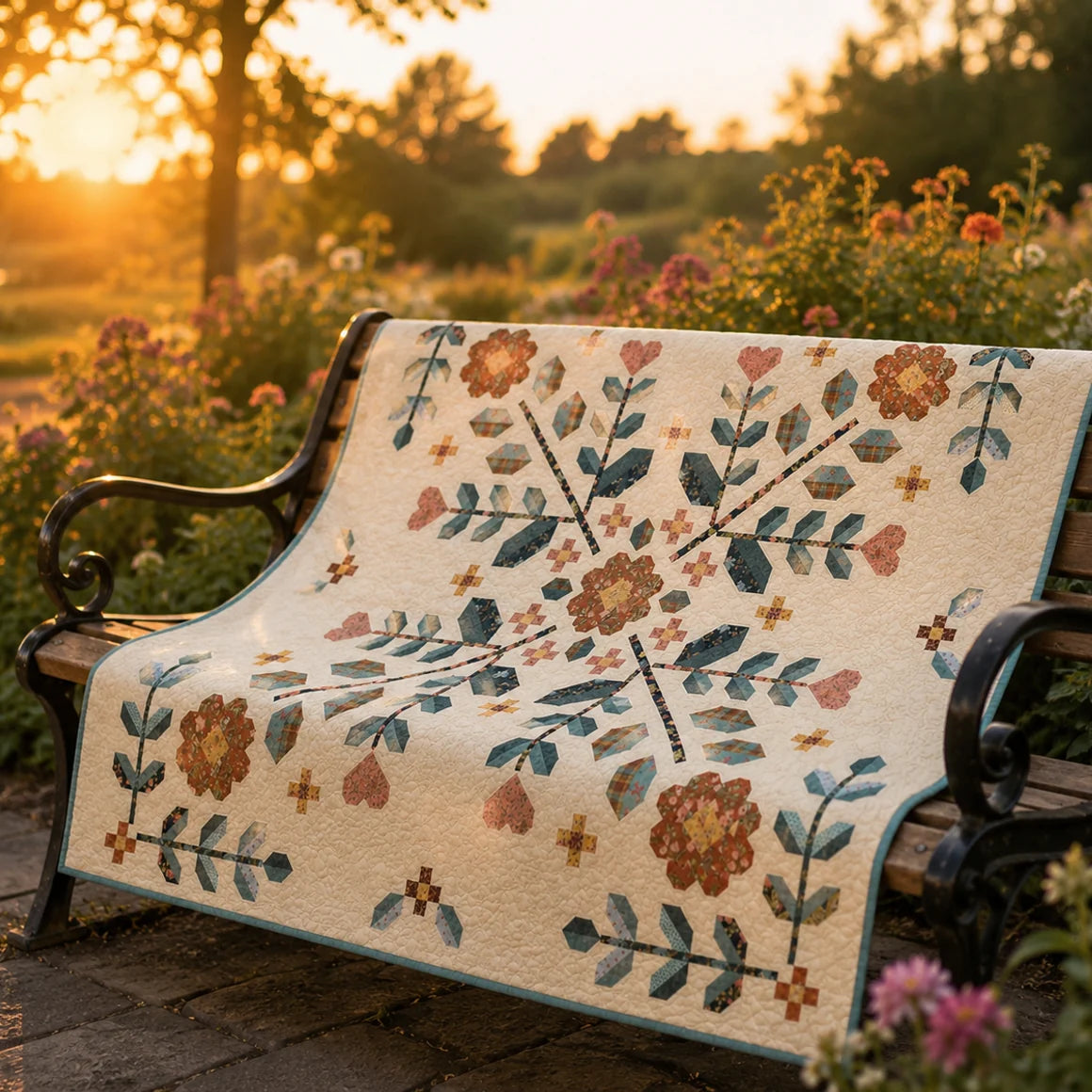 Hibiscus quilt pattern — blue and rust colourway
