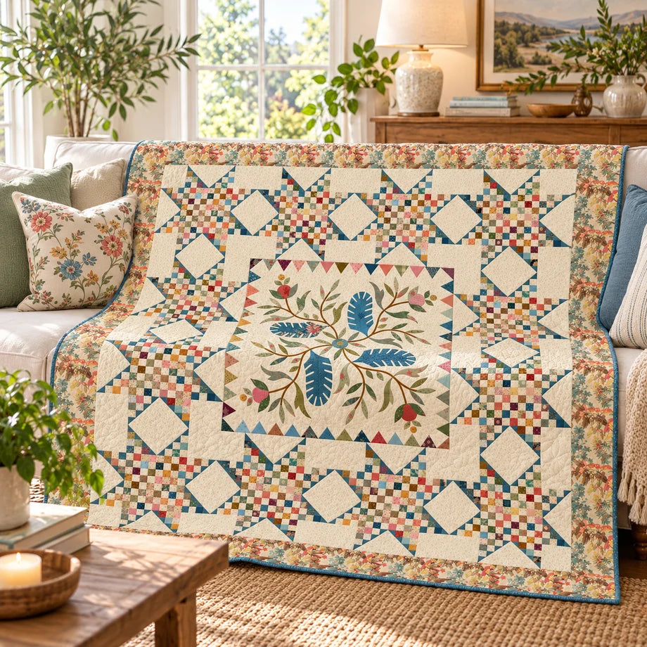 A colorful quilted throw blanket with a floral and geometric pattern is draped over a white sofa in a bright, sunlit living room. The blanket features a central floral motif with blue leaves, red berries, and a cream background, surrounded by blocks of floral and diamond patterns.