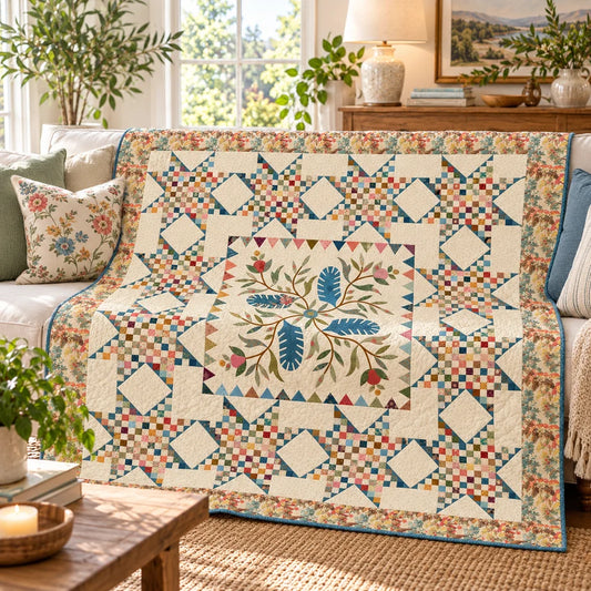 A colorful quilted throw blanket with a floral and geometric pattern is draped over a white sofa in a bright, sunlit living room. The blanket features a central floral motif with blue leaves, red berries, and a cream background, surrounded by blocks of floral and diamond patterns.