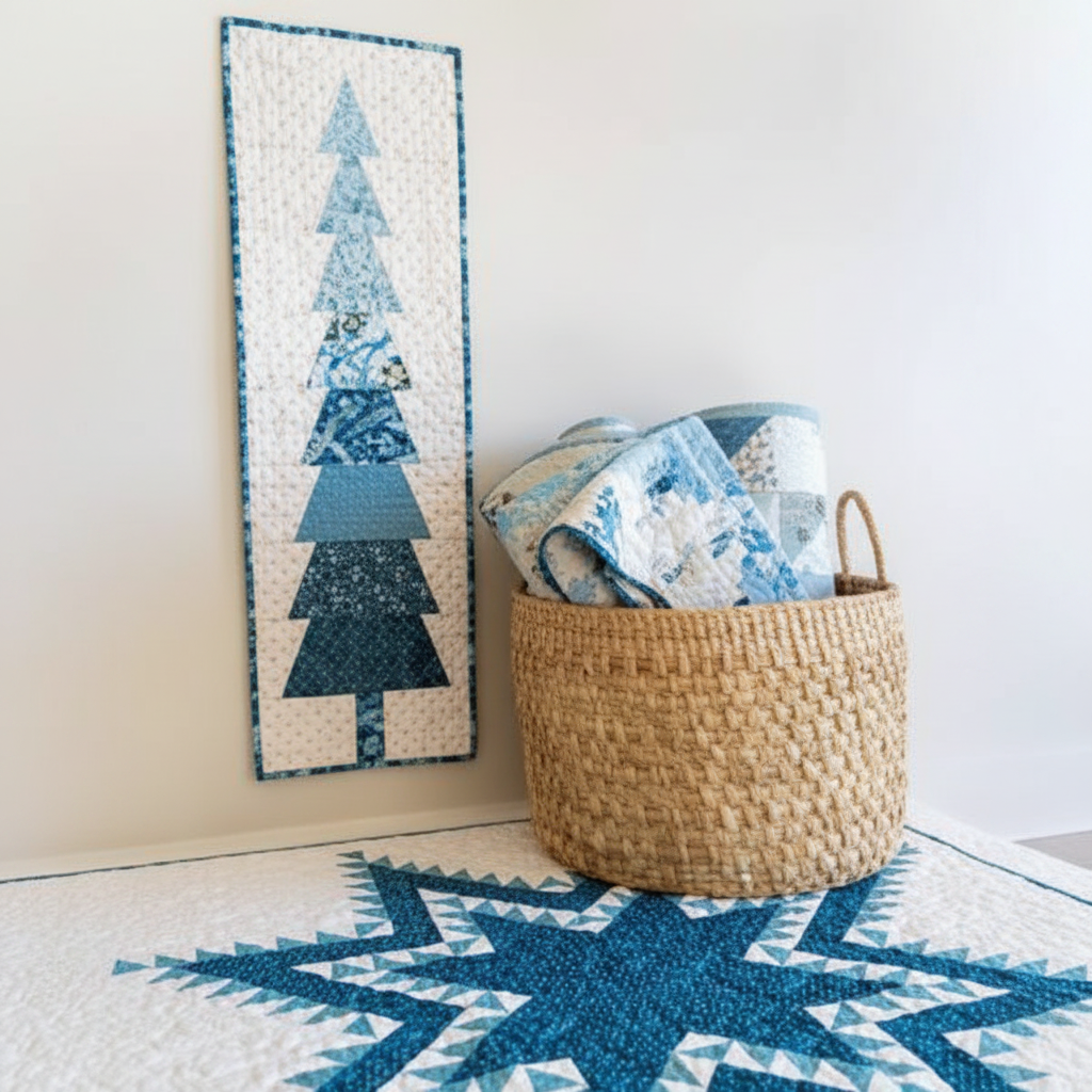 A woven natural-fiber storage basket filled with folded blue and white patterned textiles, placed beside a tall vertical quilted tree-patterned wall hanging on a light wall above a blue star rug.