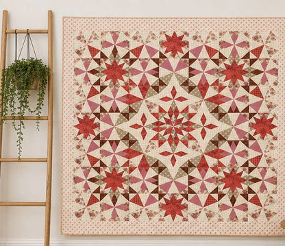 Quilt with red and beige geometric pattern on a wall in a room with a ladder and plants.