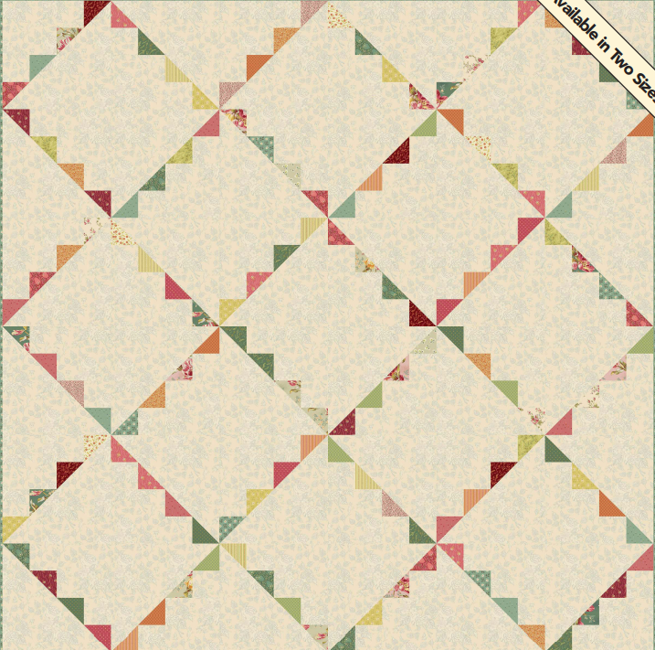 A quilt pattern or fabric design featuring a repeating diamond grid with small triangular fabric pieces in muted pink, green, orange, and brown on a warm cream background. A diagonal banner in the top right reads 'Available in Two Sizes'.