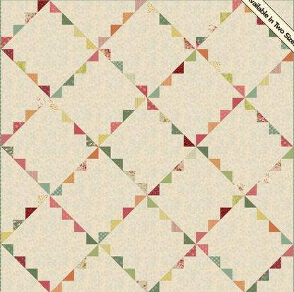 A quilt pattern or fabric design featuring a repeating diamond grid with small triangular fabric pieces in muted pink, green, orange, and brown on a warm cream background. A diagonal banner in the top right reads 'Available in Two Sizes'.