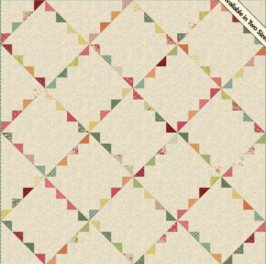 A quilt pattern or fabric design featuring a repeating diamond grid with small triangular fabric pieces in muted pink, green, orange, and brown on a warm cream background. A diagonal banner in the top right reads 'Available in Two Sizes'.