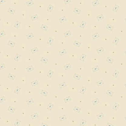 A repeating pattern of light blue envelope icons and small gold dots on a warm beige background.