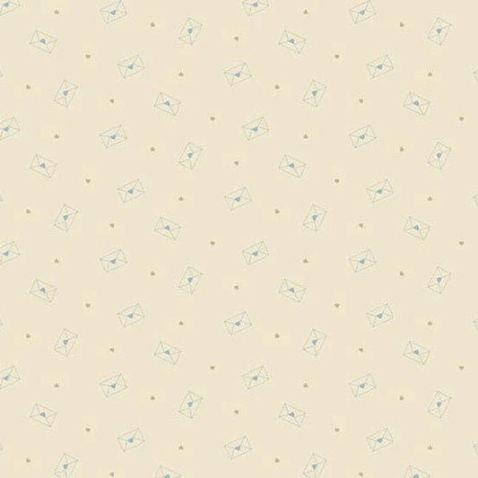 A repeating pattern of light blue envelope icons and small gold dots on a warm beige background.