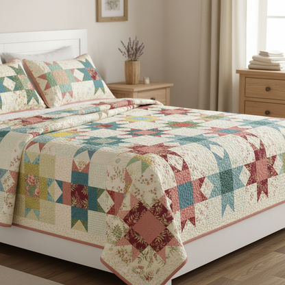 A vintage-style quilt pattern featuring a grid of colorful blocks with floral and geometric prints in muted tones of red, green, blue, yellow, and beige on an off-white background.