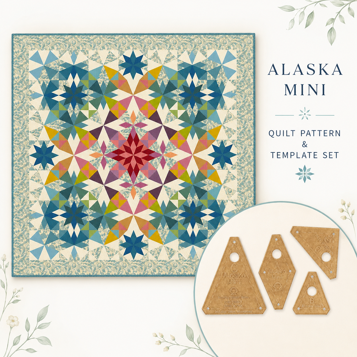Alaska Mini quilt pattern and template set shown as a colorful geometric quilt design with text on the right and three fabric template pieces in a circular inset on a light cream background with subtle botanical accents.