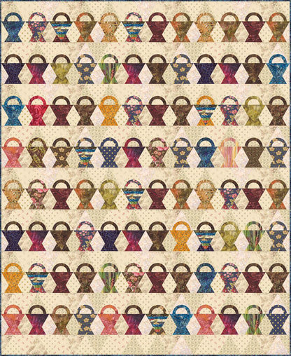 Pattern of colorful fabric bags on a textured beige background