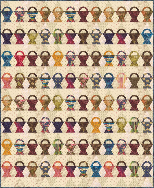 Pattern of colorful fabric bags on a textured beige background