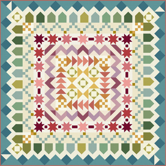 Colorful geometric quilt pattern with a star design in the center