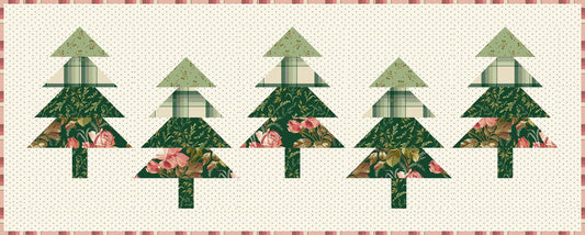 Row of decorative Christmas trees with floral elements on a checkered background