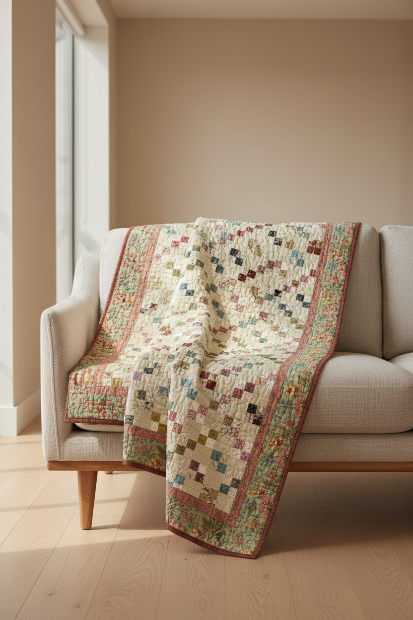 Quilt with a pattern of small squares in various colors on a floral border.