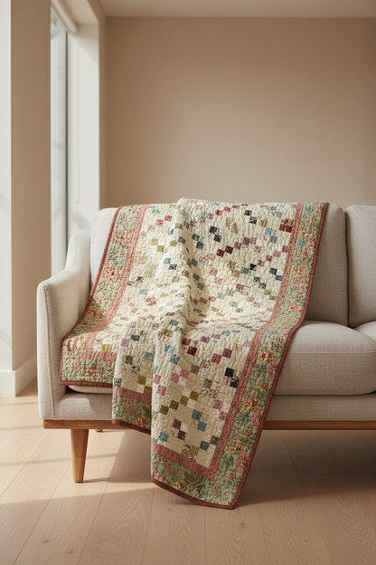 Quilt with a pattern of small squares in various colors on a floral border.