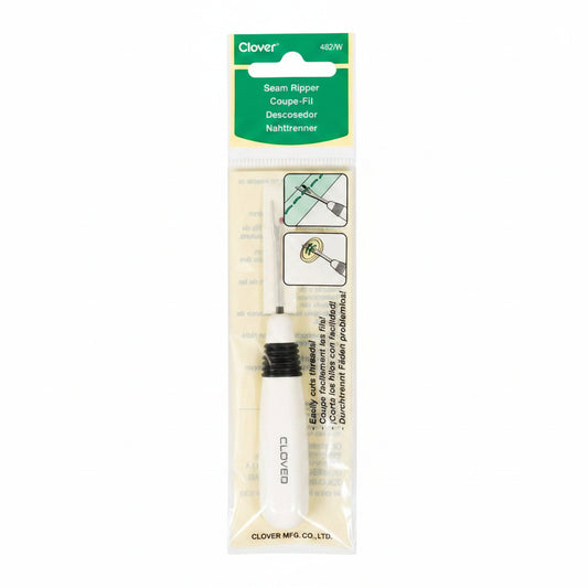 A Clover Seam Ripper Coupe-Fil tool in its original retail packaging, featuring a white and black metal tool inside a clear plastic bag with a green and white header card.