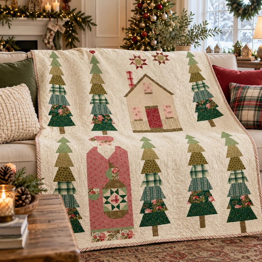 A quilted throw blanket draped over a couch in a decorated living room. The blanket features a cream background with a patchwork design of green Christmas trees, a pink house, and a pink Santa Claus figure.