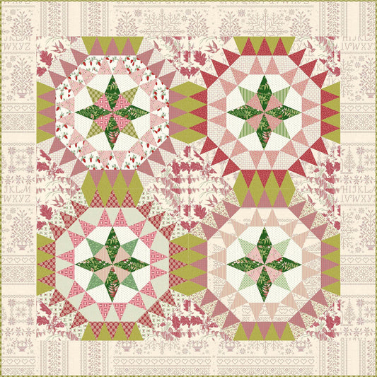 Quilt with geometric pattern featuring green and pink stars on a beige background